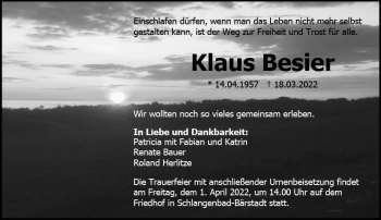 Traueranzeige von Klaus Besier von vrm-trauer Wiesbadener Kurier