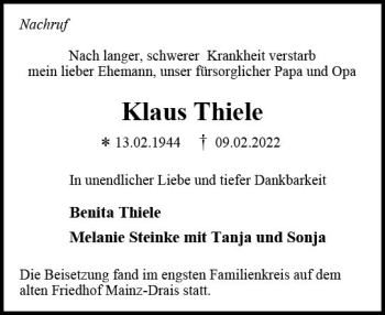 Traueranzeige von Klaus Thiele von vrm-trauer AZ Mainz