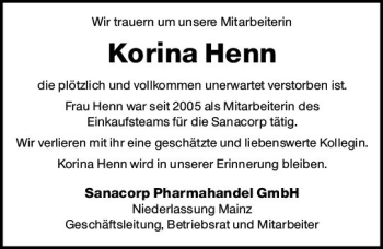 Traueranzeige von Korina Henn von vrm-trauer AZ Mainz