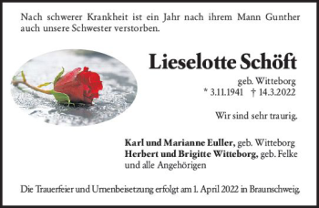 Traueranzeige von Lieselotte Schöft von vrm-trauer Hochheimer Zeitung