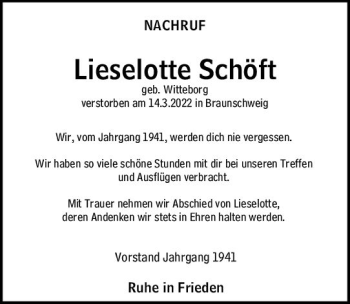 Traueranzeige von Lieselotte Schöft von vrm-trauer Hochheimer Zeitung