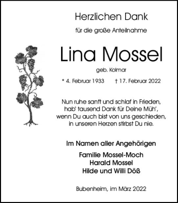 Traueranzeige von Lina Mossel von vrm-trauer Allgemeine  Zeitung Ingelheim-Bingen