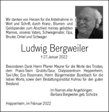 Traueranzeige von Ludwig Bergweiler von vrm-trauer Bürstädter/Lamperth. Ztg/Starkenburger