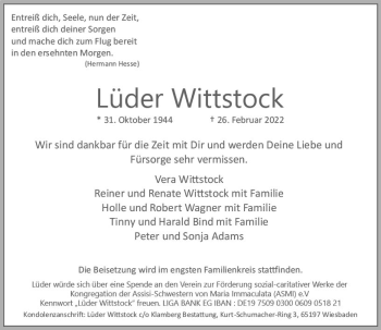 Traueranzeige von Lüder Wittstock von vrm-trauer Wiesbadener Kurier