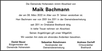 Traueranzeige von Maik Bachmann von vrm-trauer WK-UTA