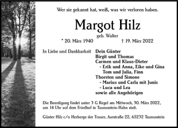 Traueranzeige von Margot Hilz von vrm-trauer Wiesbadener Kurier