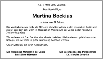 Traueranzeige von Martina Bockius von vrm-trauer Wiesbadener Kurier