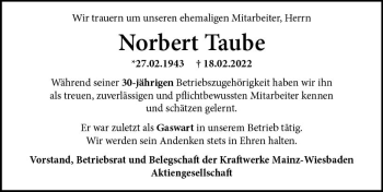 Traueranzeige von Norbert Taube von vrm-trauer AZ Mainz