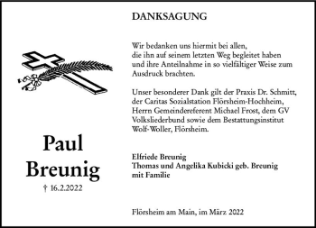 Traueranzeige von Pau Breunig von vrm-trauer Rüsselsheimer Echo / MainSpitze