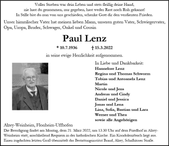 Traueranzeige von Paul Lenz von vrm-trauer Allgemeine Zeitung Alzey
