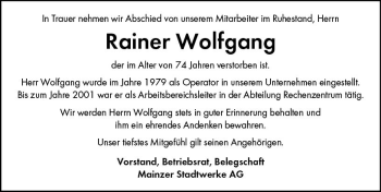 Traueranzeige von Rainer Wolfgang von vrm-trauer AZ Mainz