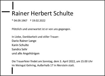 Traueranzeige von Rainer Herbert Schulte von vrm-trauer Allgemeine Zeitung Alzey