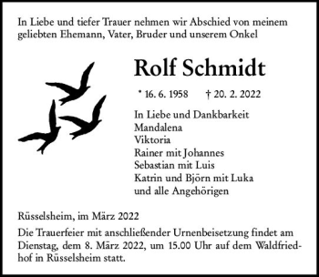 Traueranzeige von Rolf Schmidt von vrm-trauer Rüsselsheimer Echo / MainSpitze