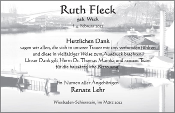 Traueranzeige von Ruth Fleck von vrm-trauer Wiesbadener Kurier