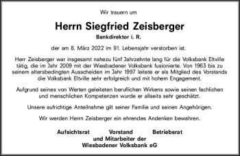 Traueranzeige von Siegfried Zeisberger von vrm-trauer Rheingau