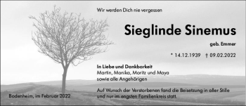 Traueranzeige von Sieglinde Sinemus von vrm-trauer AZ Mainz
