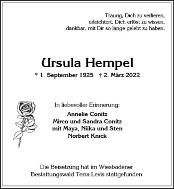 Traueranzeige von Ursula Hempel von vrm-trauer Wiesbadener Kurier