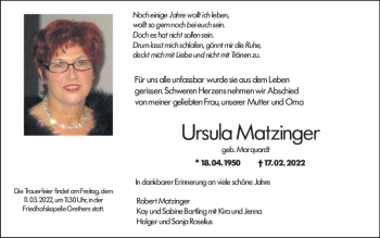 Traueranzeige von Ursula Matzinger von vrm-trauer Allg. Zeitung Bad Kreuznach