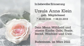 Traueranzeige von Ursula Anna Klein von vrm-trauer AZ Mainz