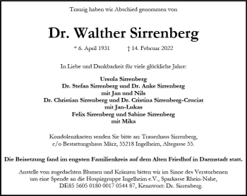 Traueranzeige von Walther Sirrenberg von vrm-trauer Allgemeine  Zeitung Ingelheim-Bingen