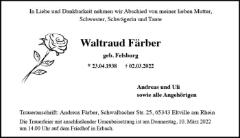 Traueranzeige von Waltraud Färber von vrm-trauer Rheingau