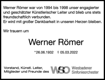 Traueranzeige von Werner Römer von vrm-trauer Wiesbadener Kurier
