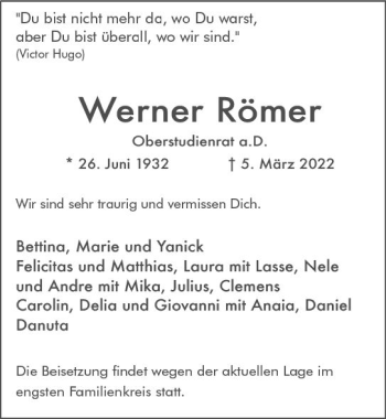 Traueranzeige von Werner Römer von vrm-trauer Wiesbadener Kurier