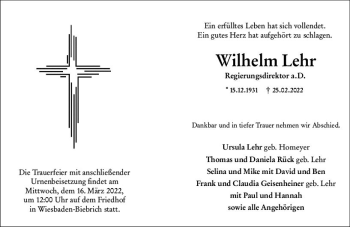 Traueranzeige von Wilhelm Lehr von vrm-trauer Wiesbadener Kurier