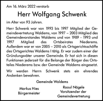 Traueranzeige von Wolfgang Schwenk von vrm-trauer Idsteiner Zeitung