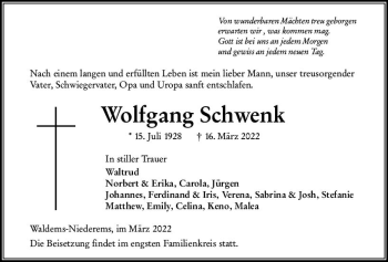 Traueranzeige von Wolfgang Schwenk von vrm-trauer Idsteiner Zeitung