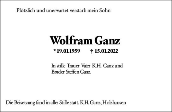Traueranzeige von Wolfram Ganz von vrm-trauer Wiesbadener Kurier