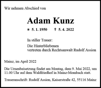 Traueranzeige von Adam Kunz von vrm-trauer AZ Mainz
