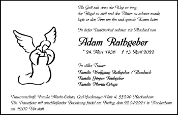 Traueranzeige von Adam Rathgeber von vrm-trauer AZ Mainz