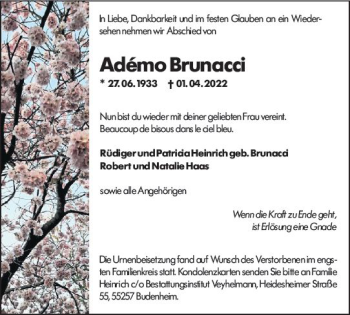 Traueranzeige von Adémo Brunacci von vrm-trauer AZ Mainz