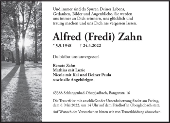 Traueranzeige von Alfred Zahn von vrm-trauer WK-UTA