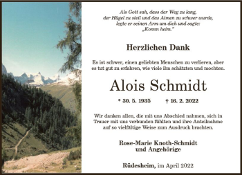 Traueranzeige von Alois Schmidt von vrm-trauer Allg. Zeitung Bad Kreuznach