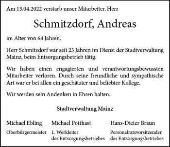 Traueranzeige von Andreas Schmitzdorf von vrm-trauer AZ Mainz