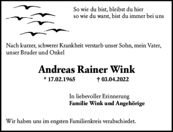 Traueranzeige von Andreas Rainer Wink von vrm-trauer Wiesbadener Kurier