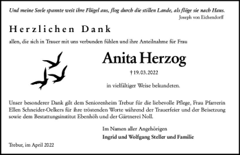 Traueranzeige von Anita Herzog von vrm-trauer Rüsselsheimer Echo / MainSpitze