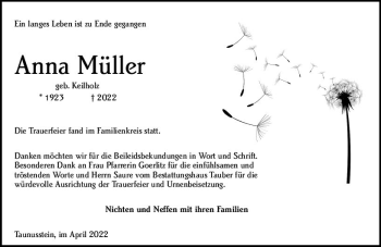 Traueranzeige von Anna Müller von vrm-trauer Wiesbadener Kurier