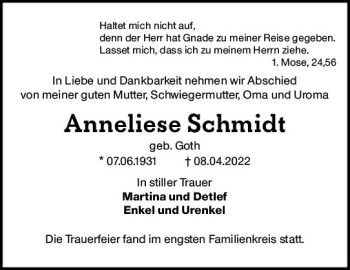 Traueranzeige von Anneliese Schmidt von vrm-trauer Wiesbadener Kurier
