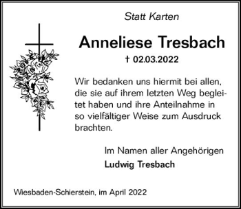 Traueranzeige von Anneliese Tresbach von vrm-trauer Wiesbadener Kurier