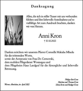 Traueranzeige von Anni Kron von vrm-trauer Wormser Zeitung
