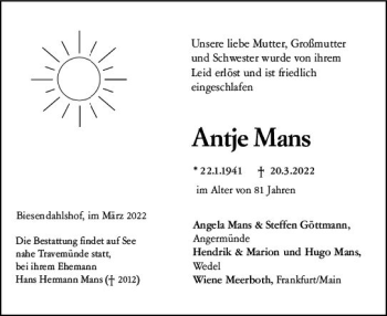 Traueranzeige von Antje Mans von vrm-trauer Wiesbadener Kurier