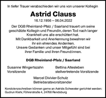 Traueranzeige von Astrid Clauss von vrm-trauer AZ Mainz