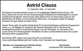 Traueranzeige von Astrid Clauss von vrm-trauer AZ Mainz