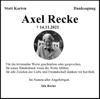 Traueranzeige von Axel Recke von vrm-trauer Wiesbadener Kurier
