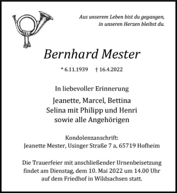 Traueranzeige von Bernhard Mester von vrm-trauer Wiesbadener Kurier