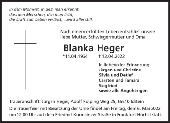 Traueranzeige von Blanka Heger von vrm-trauer Idsteiner Zeitung
