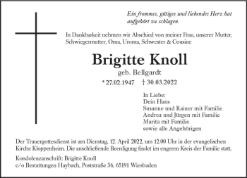 Traueranzeige von Brigitte Knoll von vrm-trauer Wiesbadener Kurier